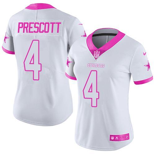 2016 Nike Dallas Cowboys 4 Dak Prescott White Pink Women Stitched NFL Limited Rush Fashion Jersey